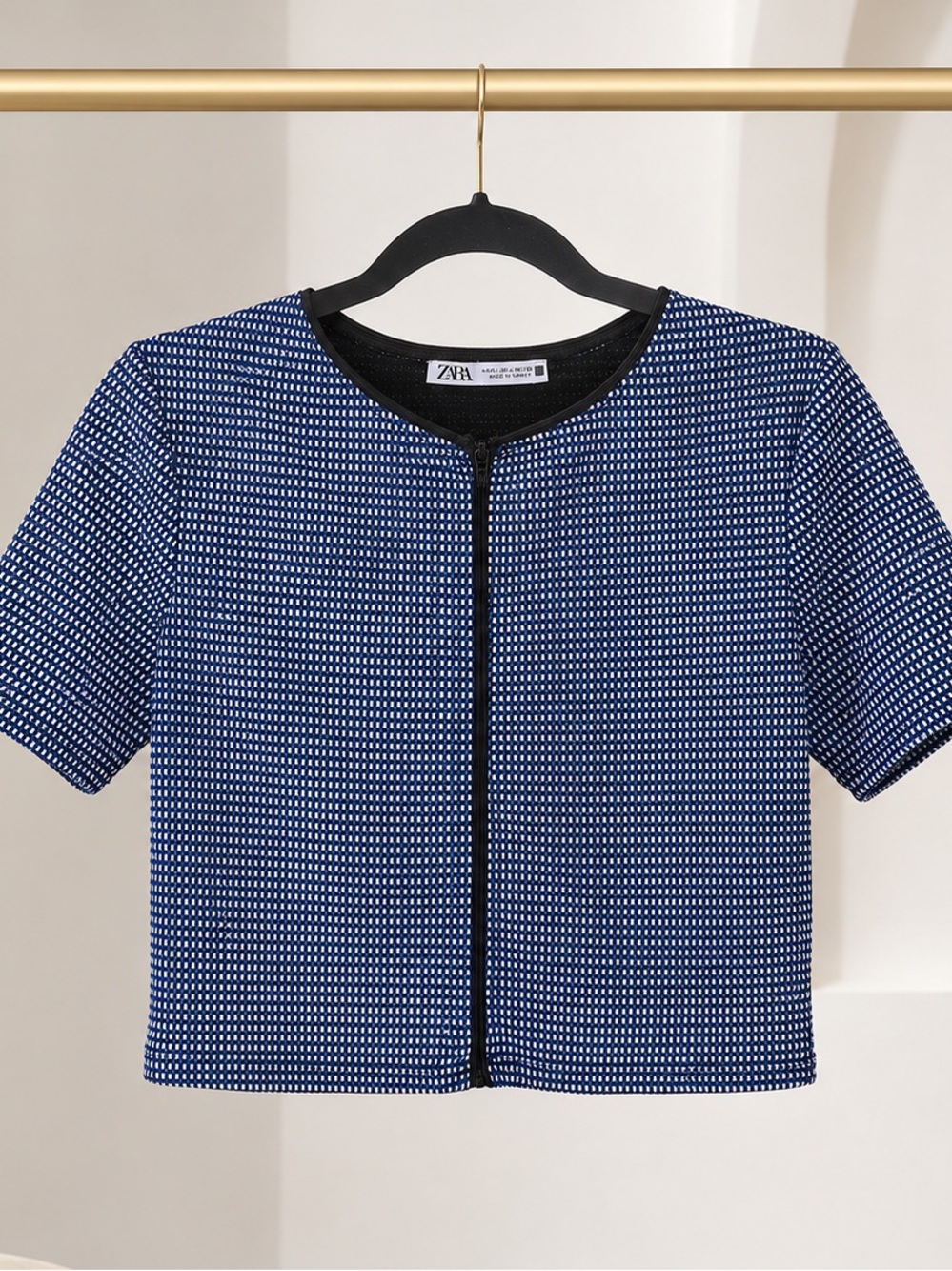 Zara Textured Zip Crop Top – Blue & White – Size L